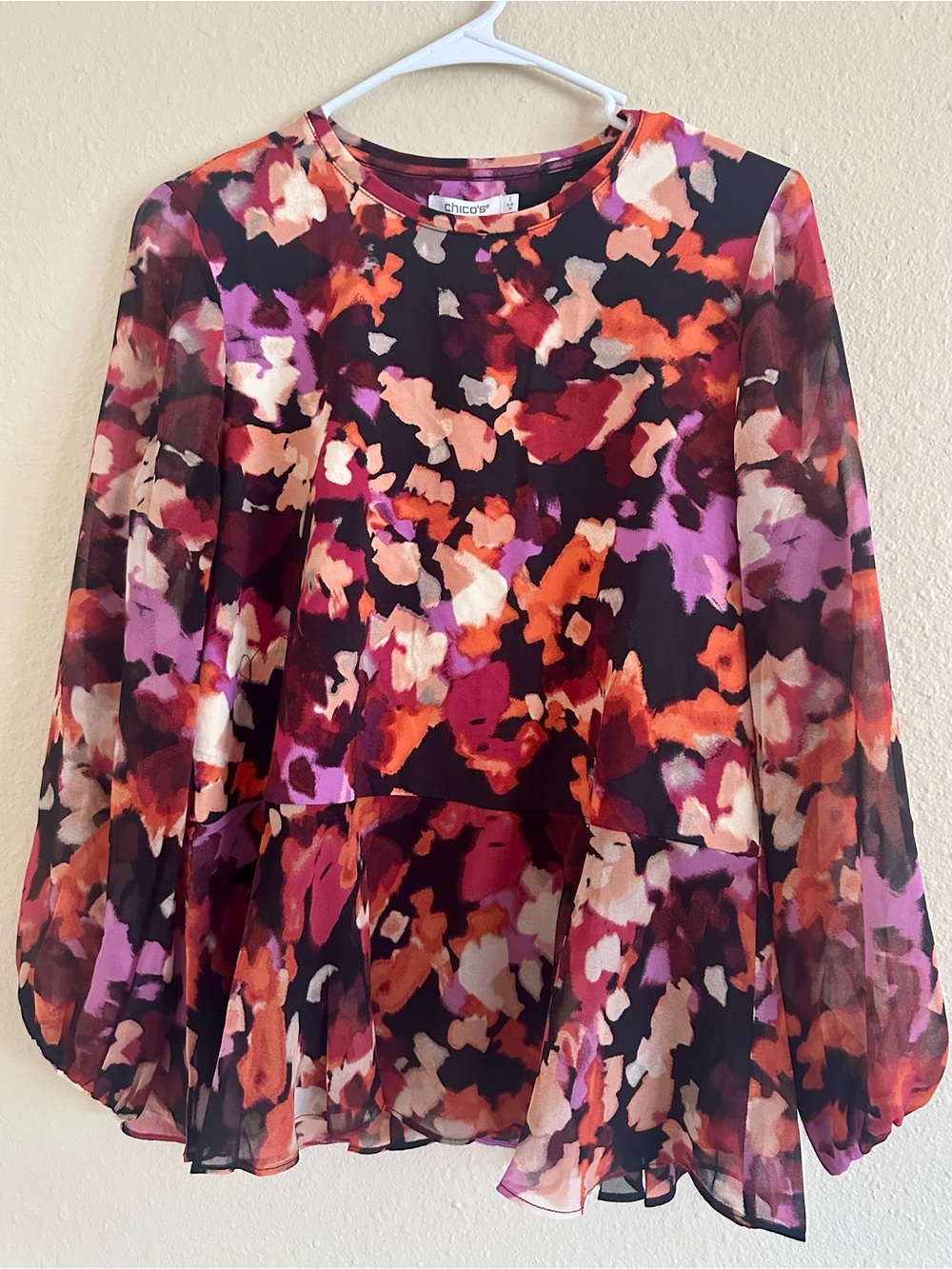 Chico's Floral Peplum Blouse - Purple, Orange, Black, Cream NWT